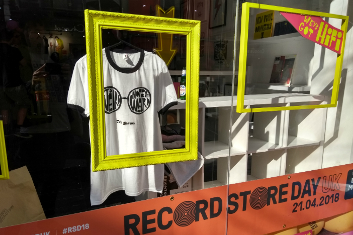 A photo of the window of a record store