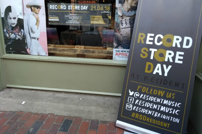 A photo of the window of a record store