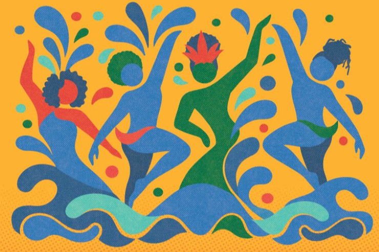 Barco Artwork showing four watery dancing figures against a yellow background
