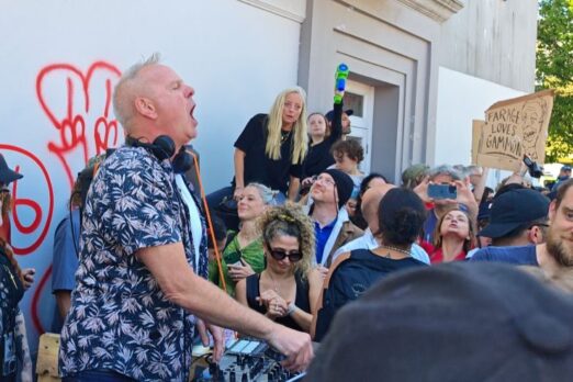 Fat Boy Slim DJing outside Brighton Station at the Carnival Against Fasicm