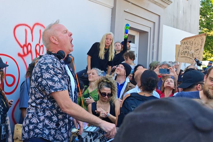 Fat Boy Slim DJing outside Brighton Station at the Carnival Against Fasicm